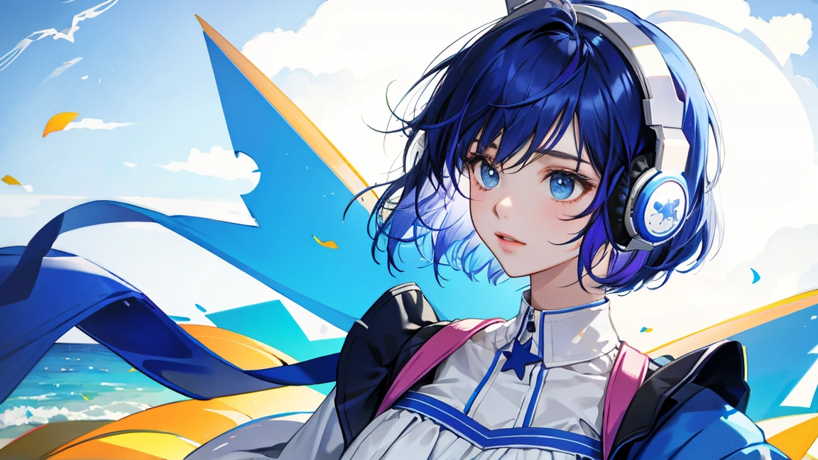 asterpiece, highest quality, Summer costumes, headphones, colorful hair, outdoor,Upper body,Shorthair girl