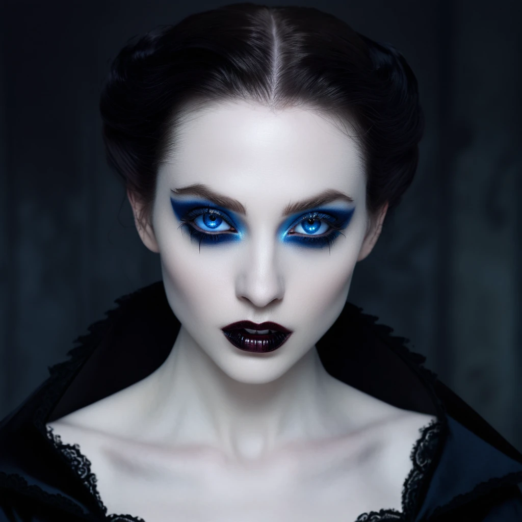 ((masterpiece)), ultra-realistic, portrait of a beautiful pale-skinned vampire with (black enamel), a deep dark makeup, bright blue eyes, in a dark and gloomy environment. (Prompt is in Portuguese)