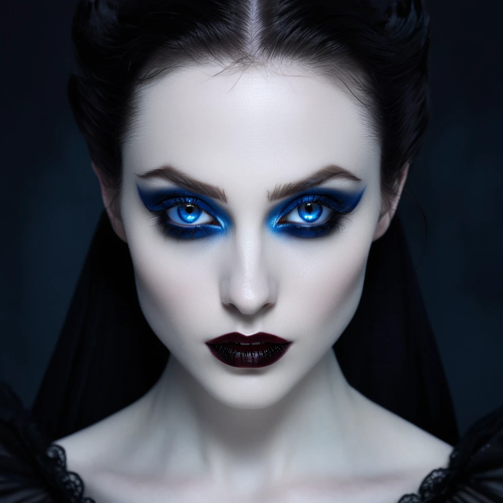 ((masterpiece)), ultra-realistic, portrait of a beautiful pale-skinned vampire with (black enamel), a deep dark makeup, bright blue eyes, in a dark and gloomy environment. (Prompt is in Portuguese)