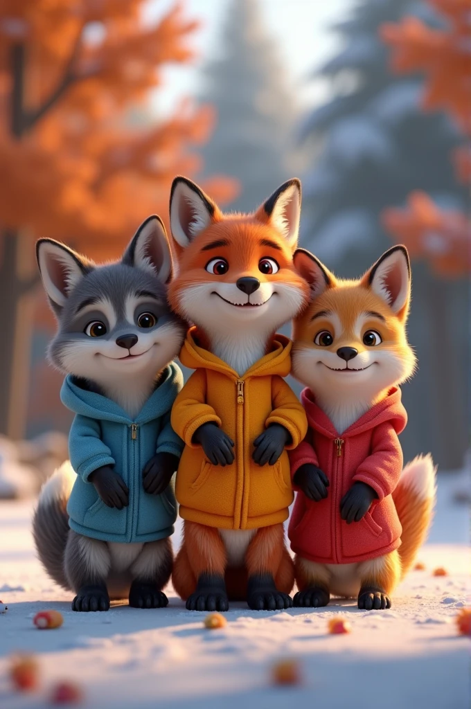 Adorable fox and two wolves in Pixar movie style, wearing a hoodie, cinematic lighthing, Depth detection, hyper detailed, 8 k quality.