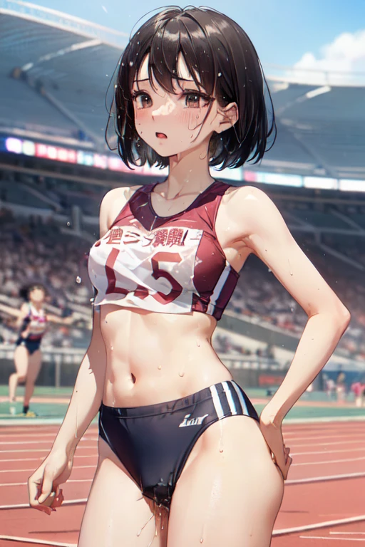 NSFW、very cute and beautiful girl,Very thin body、Model body type、(Highly detailed beautiful face), (((全身にSweatをかく))),(((Sweat)))、(((Sweat臭い)))、(((Body odor)))、blush,((Black Hair、short hair、Pink highlights on the inside)),((Gal、Medium chest)),((Track and field athlete uniforms)),((Low Angle、Dynamic Angle)), (Highest quality,masterpiece:1.0),Very detailed,32K,8k resolution, Intricate details,Movie Scenes,Detailed Background,Dynamic Angle,(((Love juice drips from the crotch)))、(Athletics Stadium)、(((100m walk、Just before the start、Crouching start position)))、((Stick your butt out with a slouch))、Serious expression