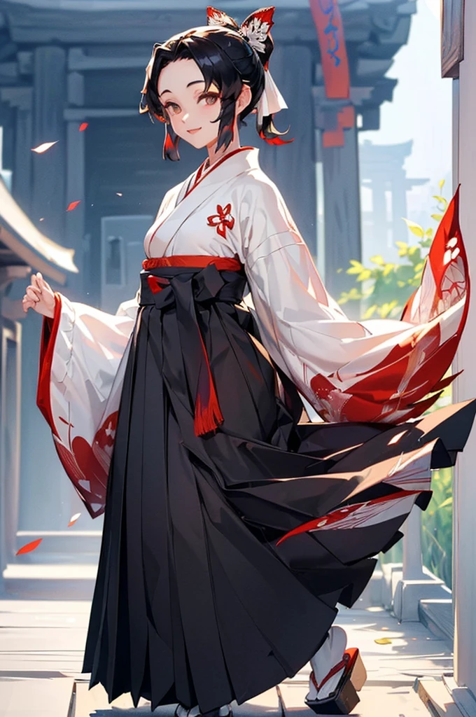 (((beautiful))), (((kimono, Hakama, noon, shrine, tall, full body))), ((Black Hair, parted bangs, forehead, ponytail, hair ornaments, slim)), One Woman, Thin legs, Glowing Skin, (((Intricate details))), High resolution, ((Intricate details, Ultra-detailed)), from front, wide shot, (looking at viewer, look at viewer), Red cheeks, smile,