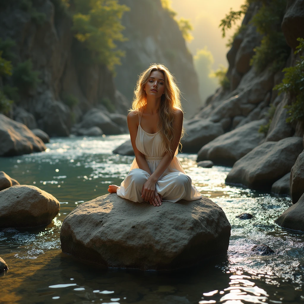 actphotography A woman with long, flowing blonde hair sits serenely on a large boulder in the middle of a river gorge. The water flows gently around the rocks, and the sun casts a warm glow on the scene. The woman is at peace with nature, her body a beautiful contrast against the rough texture of the stone.  She is a symbol of tranquility and strength, a reminder of the power of nature to both soothe and inspire. photorealistic, ultra-realistic photograph captured, high-resolution quality ,detailed face, 8k