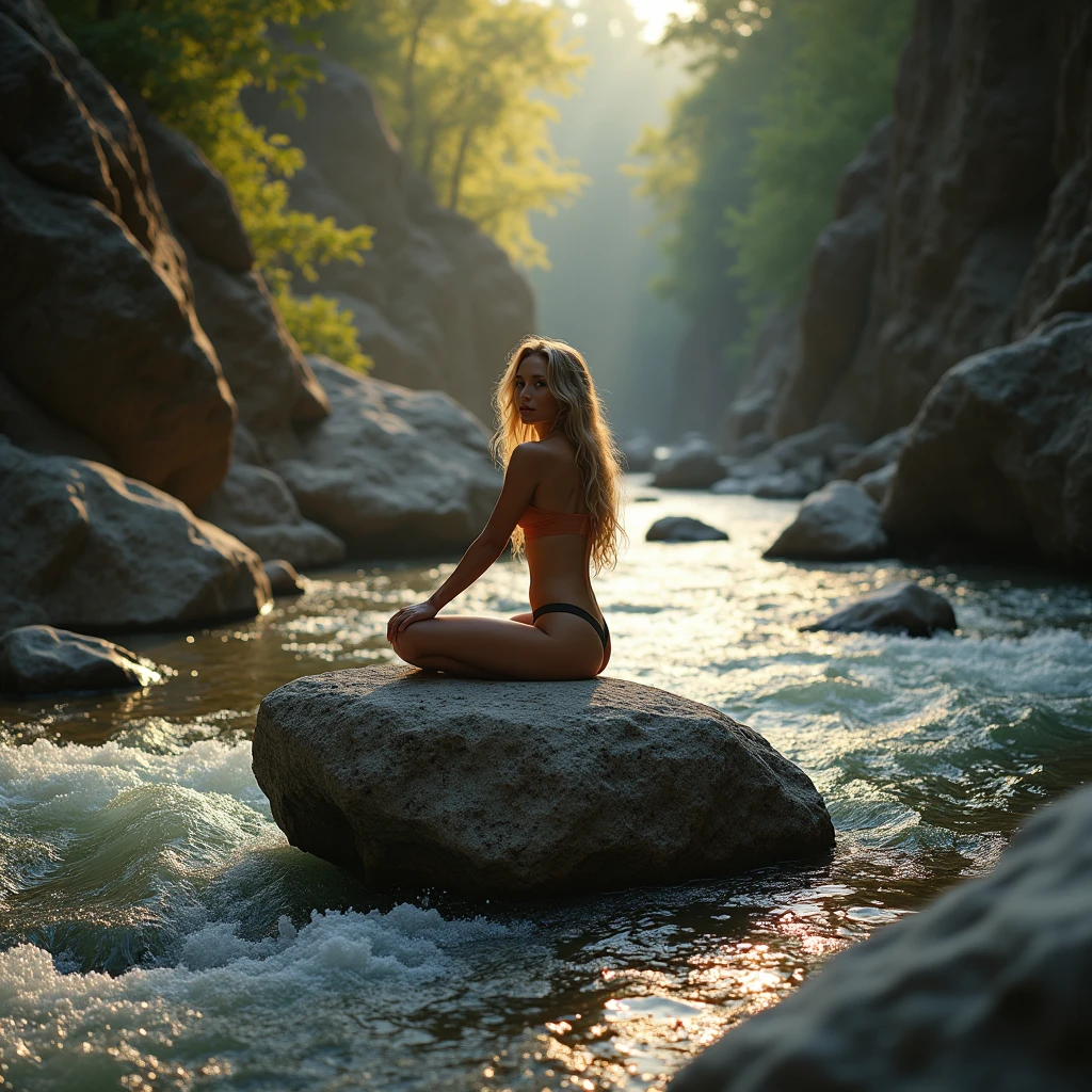 actphotography A woman with long, flowing blonde hair sits serenely on a large boulder in the middle of a river gorge. The water flows gently around the rocks, and the sun casts a warm glow on the scene. The woman is at peace with nature, her body a beautiful contrast against the rough texture of the stone. She is a symbol of tranquility and strength, a reminder of the power of nature to both soothe and inspire. photorealistic, ultra-realistic photograph captured, high-resolution quality ,detailed face, 8k