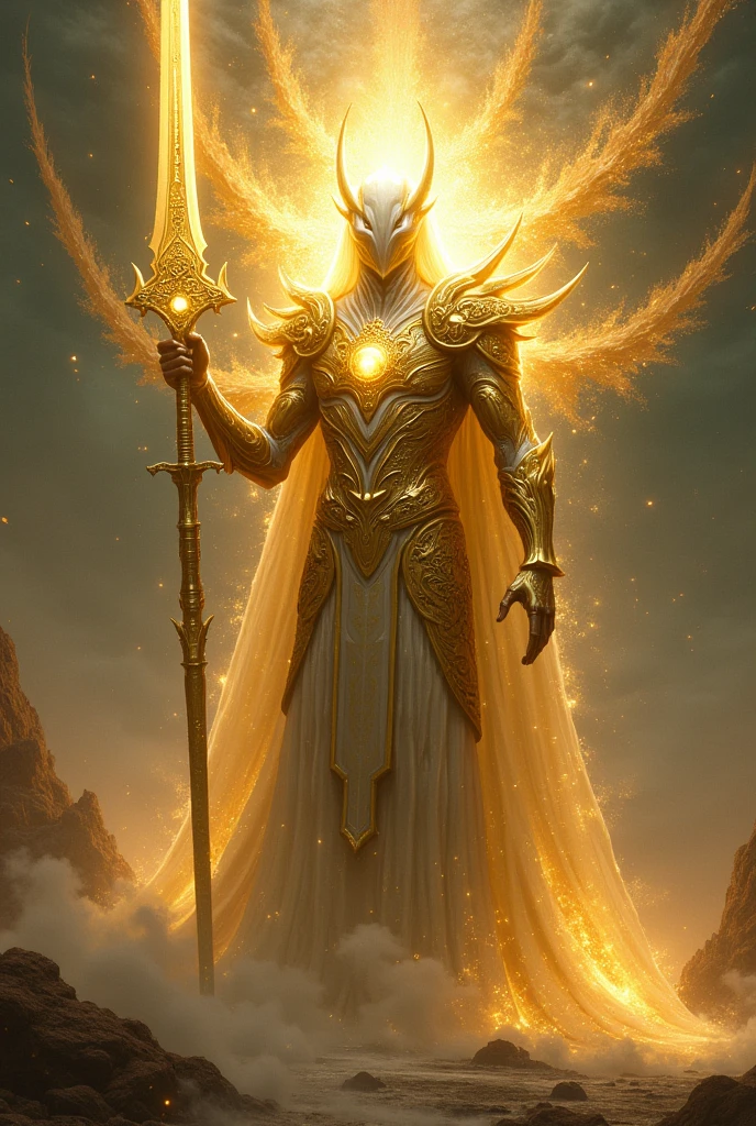 Make me a god with gold armor and holy sword make it more like alien 