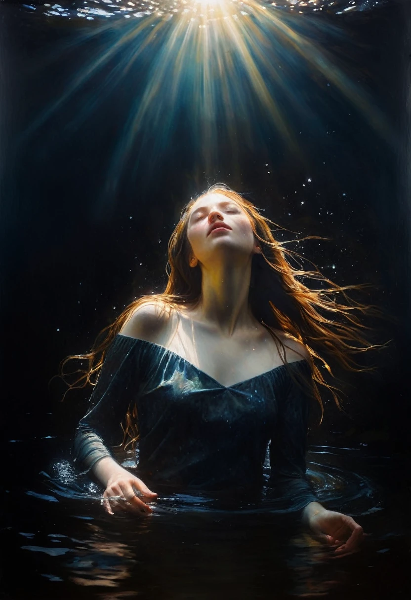 painting of a girl with long hair, pale skin, closed eyes, drowning in dark water, sun glare and spots through the thickness of the water, dark atmosphere, cinematic scene, volumetric lights, ultra realistic, in the style of nicola samori