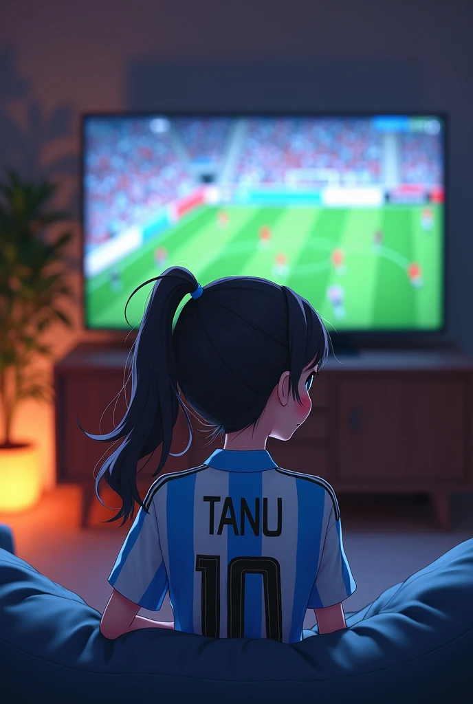 16 years old anime girl  with Argentina jersey watching football match on tv and written TANU and 10 on the back of his Dress , 4k