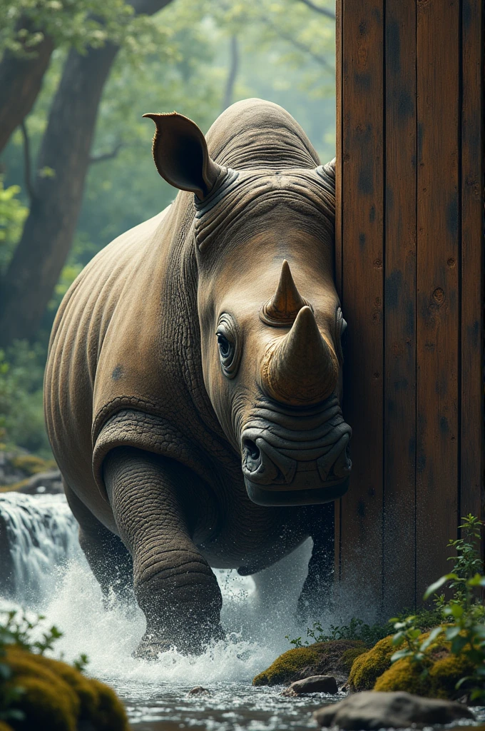 A realistic rhinoceros hitting to the huge wooden door with horn , location is beautiful water flowing in forest rhinoceros horn should be passed from the wooden door