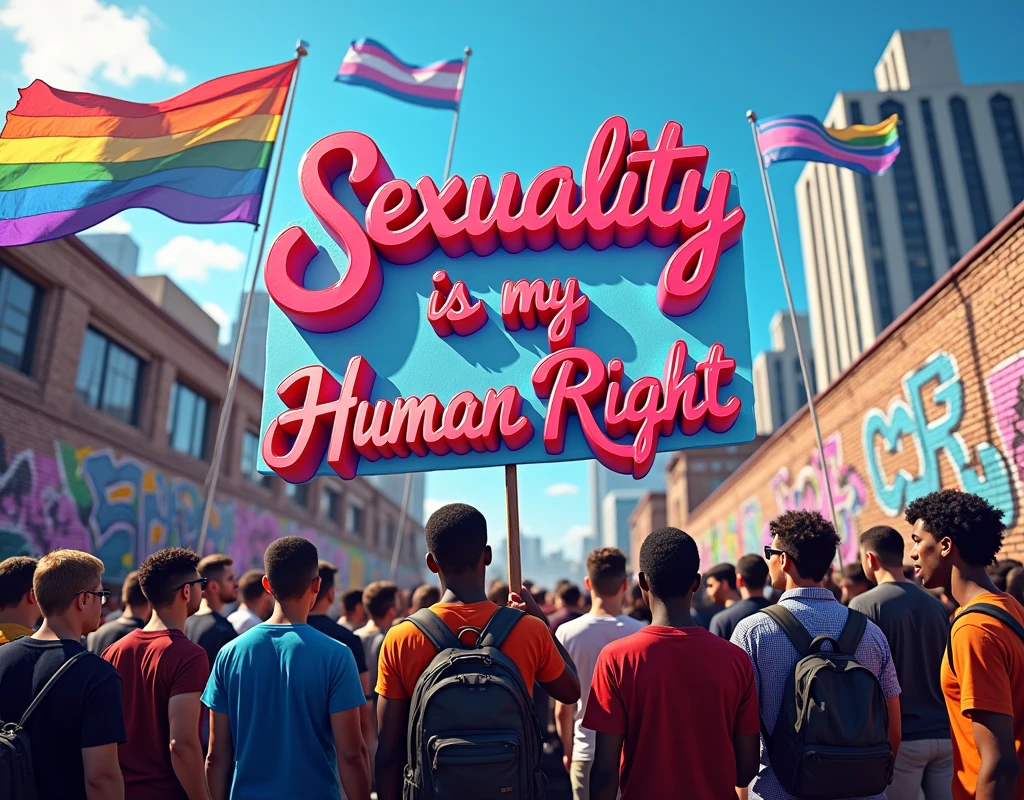 A powerful and striking image of a diverse group of men and women, both Black and white, standing together in solidarity. The vibrant, 3D cursive message on the protest banner reads "My Sexuality is my Human Right." Rainbow flags and transgender flags flutter in the background against a blue sky and city skyline, emphasizing the LGBTQ+ presence. The atmosphere is filled with pulsating energy, capturing the strength, love, and support that emanates from this inclusive and accepting gathering. The graffiti on the walls around them adds a layer of vibrant color and urban edge, further fueling the sense of unity and activism., vibrant, graffiti's, there is a sci-fi element to the image
 