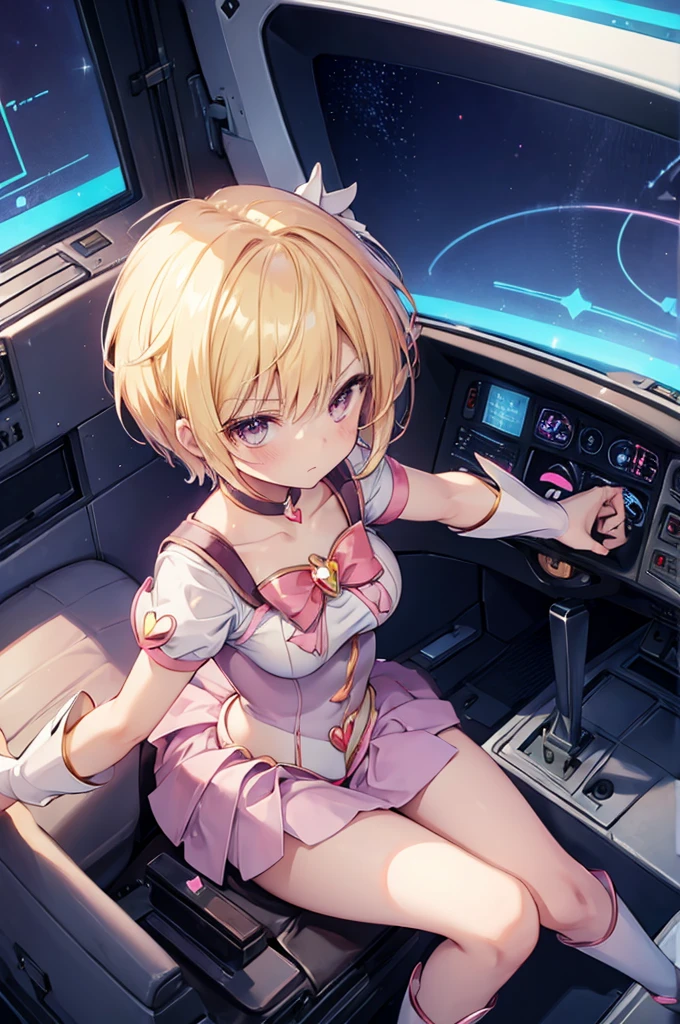(((magical girl))), solo, blond, short cut, breast, cockpit, device, angry, sit