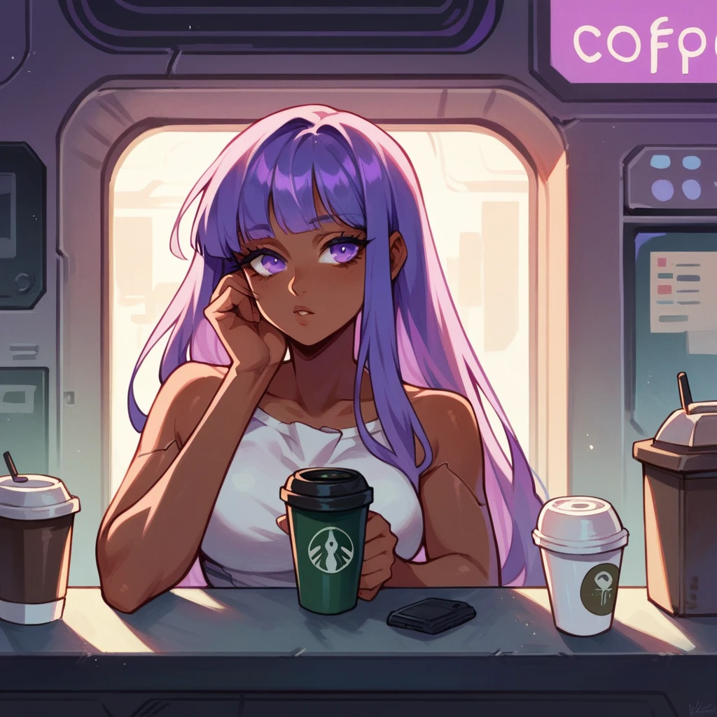 futuristic girl, dark skin, purple colored eyes, space, purple hair, blue hair, pink hair, long hair, dark skin, futuristic coffee shop