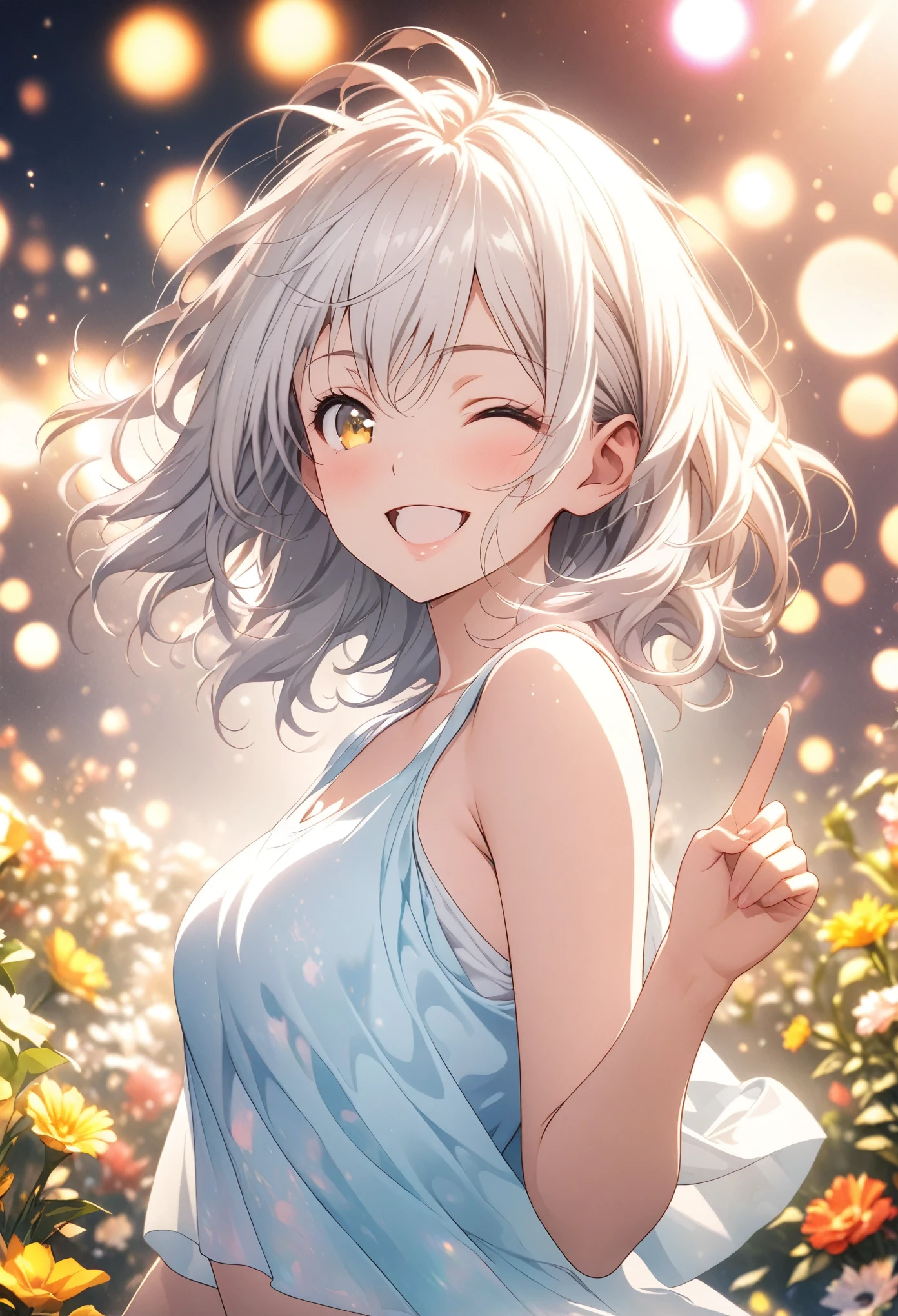 masterpiece, Highest quality, Highly detailed CG Unity 8k wallpaper, High School Girl Anime Illustration. Wear an oversized tank top、Love Dance Solo, index finger, she has her eyes closed and mouth open, smile. The background is a light pastel colored landscape..., white hair color, Yellow Eyes, Bokeh Photo, (Soft Focus):1.2, Out of focus highlights, Dreamy atmosphere, Glowing circle, Fascinating Depth, The background is also realistic, Depth of subject, Flower Garden