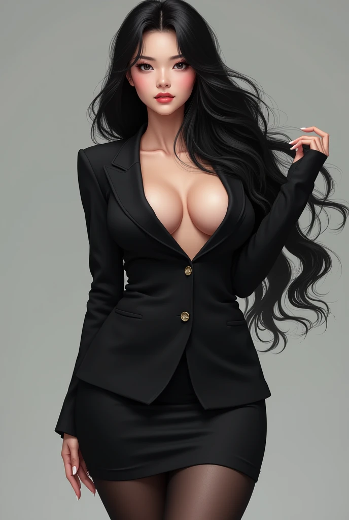Long black hair、Height: 170cm、G-cup bust Japanese women。
wearing a blazer。