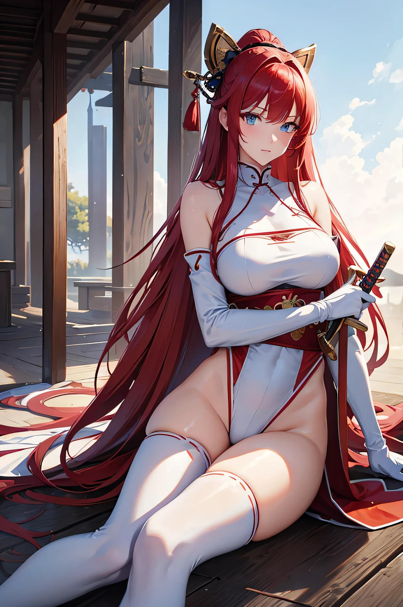 4K,High resolution,One Woman,Red Hair,long hair,Blue Eyes,Big Breasts,samurai,White high leg leotard,Red armor,White gloves,White shoes,hair band,Jewelry decoration,Japanese sword,Medieval town