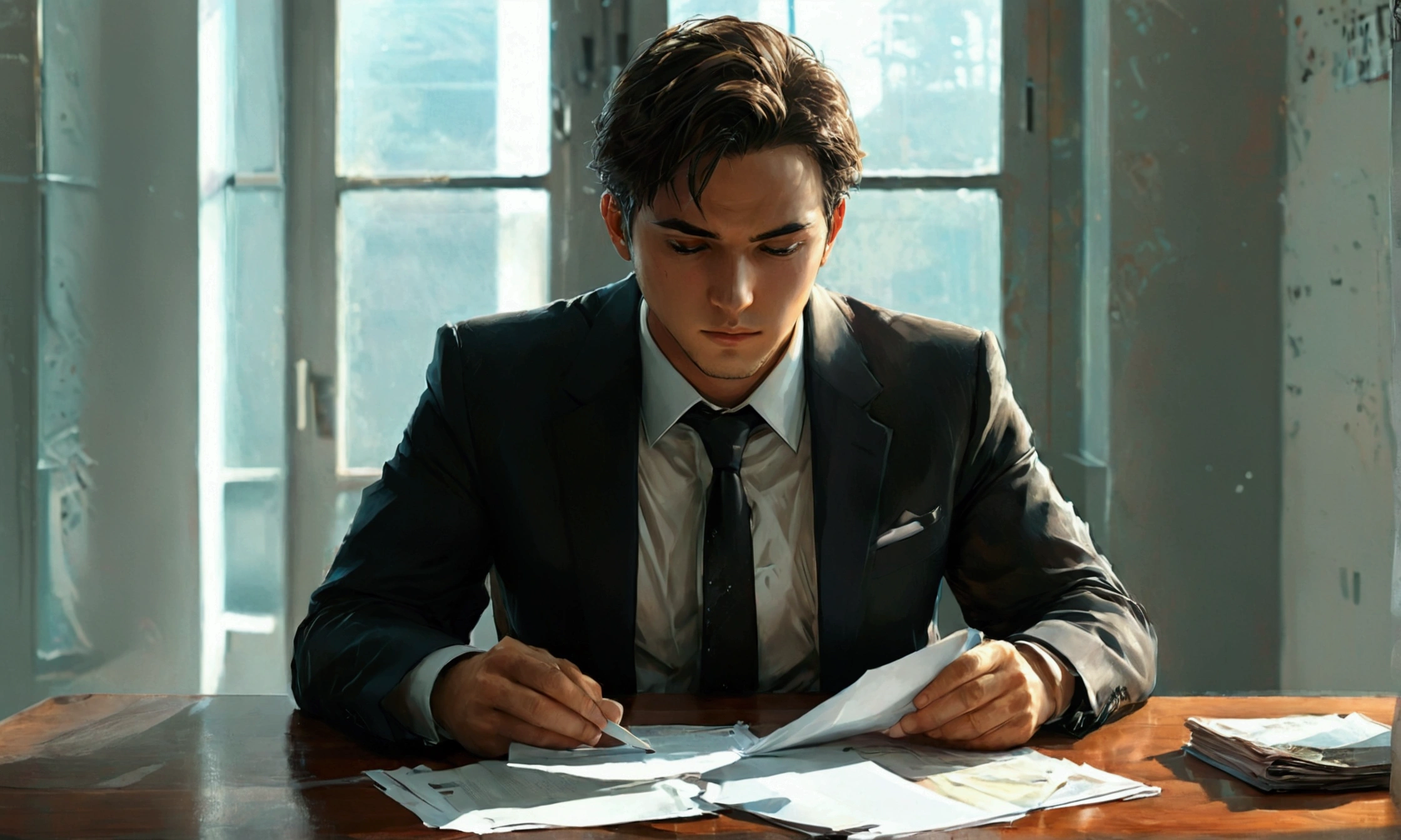 man in suit with papers on table, man in suit, papers on table,manga style art,manga style art