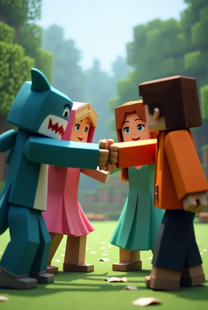 Four Minecraft characters, one in a shark costume, with chocolate skin, another one with a pink dress, another with an orange jacket, and black pants, and the other with a water green dress, with Minecraft background, realisitic, all of them happy, hitting each other's hands