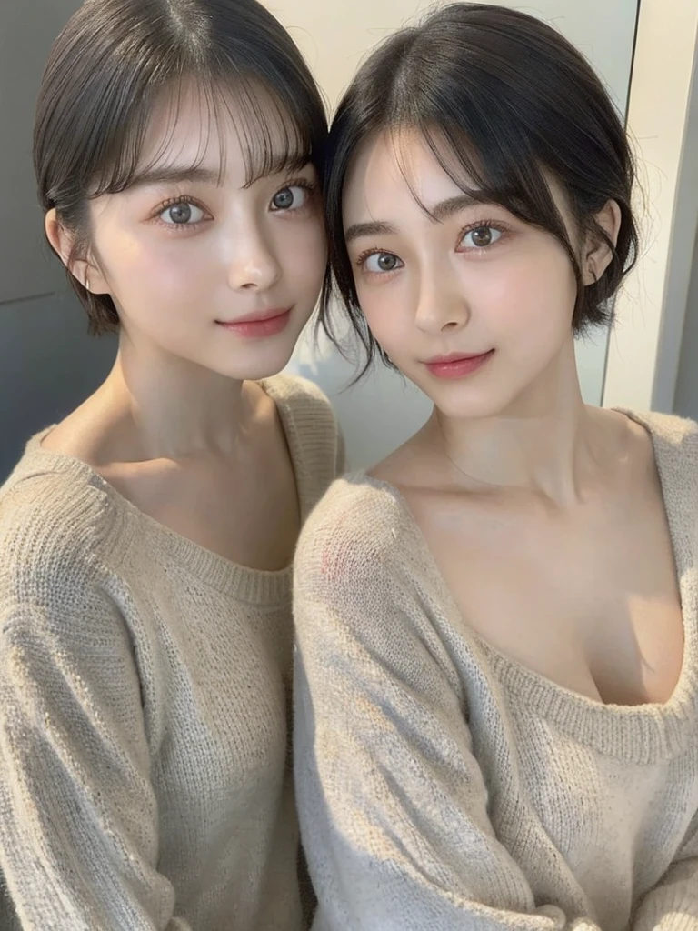 (masterpiece:1.3), (8k, Photoreal, Raw photo, best image quality: 1.4), Japanese high school girl、(random hairstyle:1.2)、cleavage:1.5、super detail face、eye for details、double eyelid、chest to chest、sharp focus:1.2、Beautiful woman:1.4、light brown hair、highest quality、masterpiece、超A high resolution、(Photoreal:1.4)、Highly detailed and professionally lit smiles、loose and light knitwear、shoulder out、thin、serious expression、short haired、deadly position
similar identical twins
All the girls have the exact same face, The two have the same face and figure, as if they were mirror images.