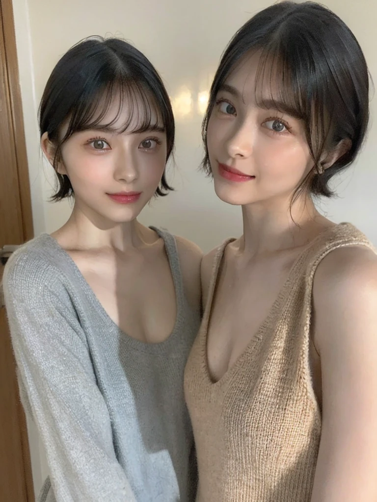 (masterpiece:1.3), (8k, Photoreal, Raw photo, best image quality: 1.4), Japanese high school girl、(random hairstyle:1.2)、cleavage:1.5、super detail face、eye for details、double eyelid、chest to chest、sharp focus:1.2、Beautiful woman:1.4、light brown hair、highest quality、masterpiece、超A high resolution、(Photoreal:1.4)、Highly detailed and professionally lit smiles、loose and light knitwear、shoulder out、thin、serious expression、short haired、deadly position
similar identical twins
All the girls have the exact same face, The two have the same face and figure, as if they were mirror images.