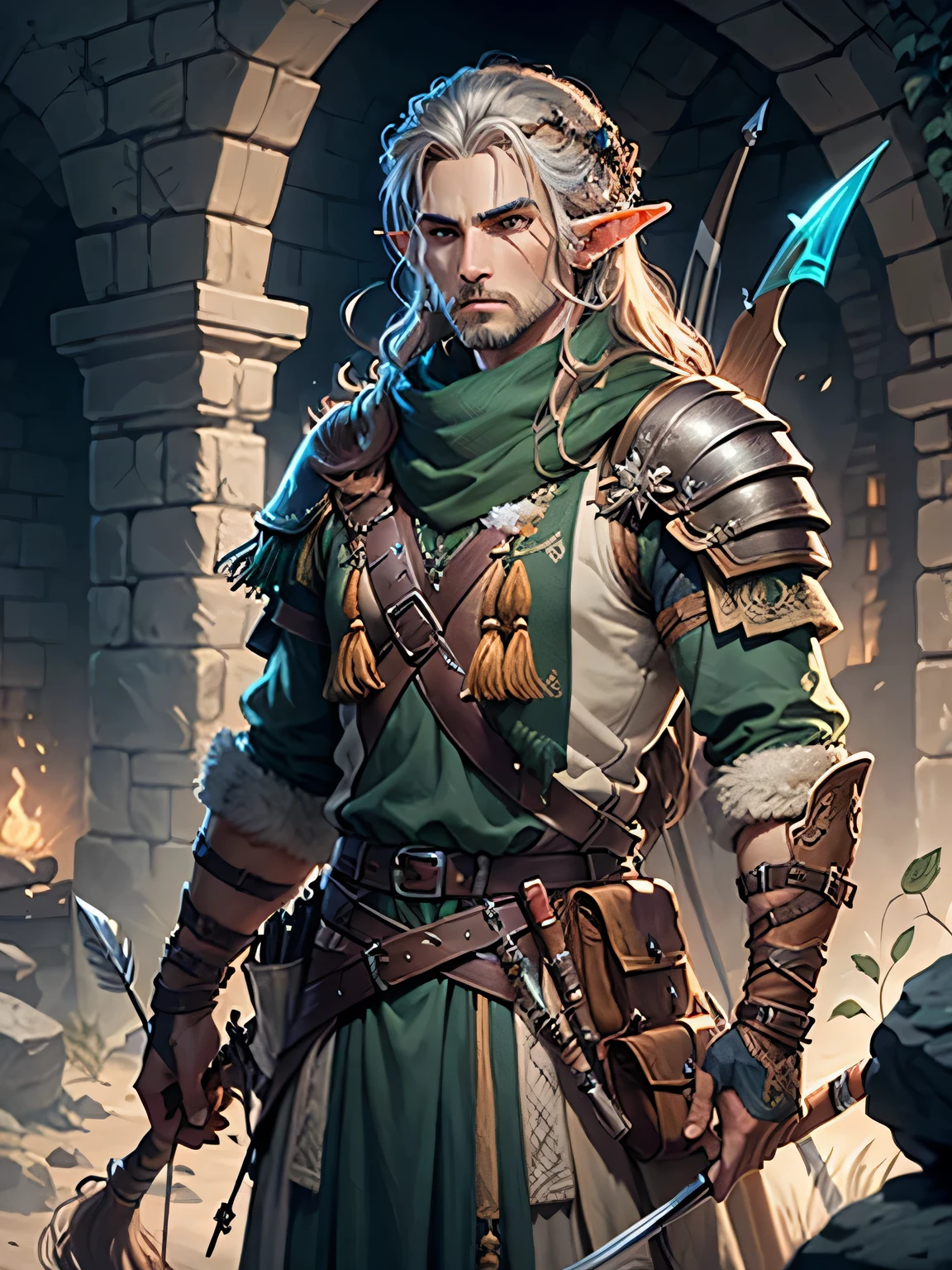 a highly detailed fantasy illustration of an elven archer in the world of dungeons and dragons, a handsome male elf archer with long flowing hair and piercing eyes, wearing a leather outfit, holding a beautifully crafted longbow, several arrows on his back and forearms, detailed leather quiver on his back, standing in a dark dungeon environment with stone walls and torchlight, dramatic lighting, cinematic composition, intricate details, vibrant colors, epic fantasy art style, masterpiece