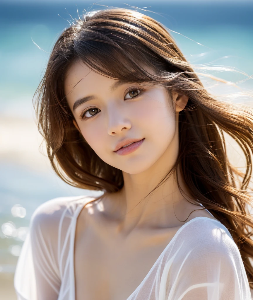 ((Extremely precise and accurate ???????)), (masterpiece:1.43), Perfect balance, Realistic photos, Artistic body:1.22、young woman、Very realistic、High resolution photos、Backlight、Shoulder-length chestnut hair、The eyes are a striking green with gold flecks....、Naturally arched eyebrows、The skin is white and smooth、nature,、Healthy shine、Natural expression、Straight and white teeth、A micro bikini made of soft and light fabric that fits snugly......、Sunlit beach in the evening、The sea swaying in the wind、Clear deep blue sky with white clouds、The sunlight is warm and golden、Natural highlights and shadows that accentuate facial features and clothing textures、Makeup is minimal and natural、Light Foundation、A faint blush、Subtle eyeliner、A little mascara々々々々々々、Soft pink lip color、Mr....々Facial expressions and poses、Wavy Hair、A sense of movement and vitality、(((Shallow depth of field effect)))、Image focus、The atmosphere is warm、The energy of joy、The beauty of nature