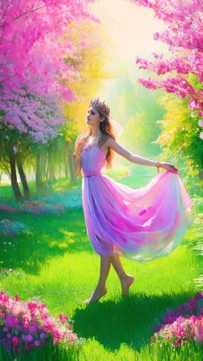 (Exquisite watercolor style)The wonderland of elf princesses,Charming and colorful environment,Colorful flowers,Green grass,Soft sunlight shines on her slender figure,Wearing a gorgeous dress,Pair it with sparkling gemstone jewelry,She floats gracefully in the air,The eyes reveal wisdom and innocence,upper body