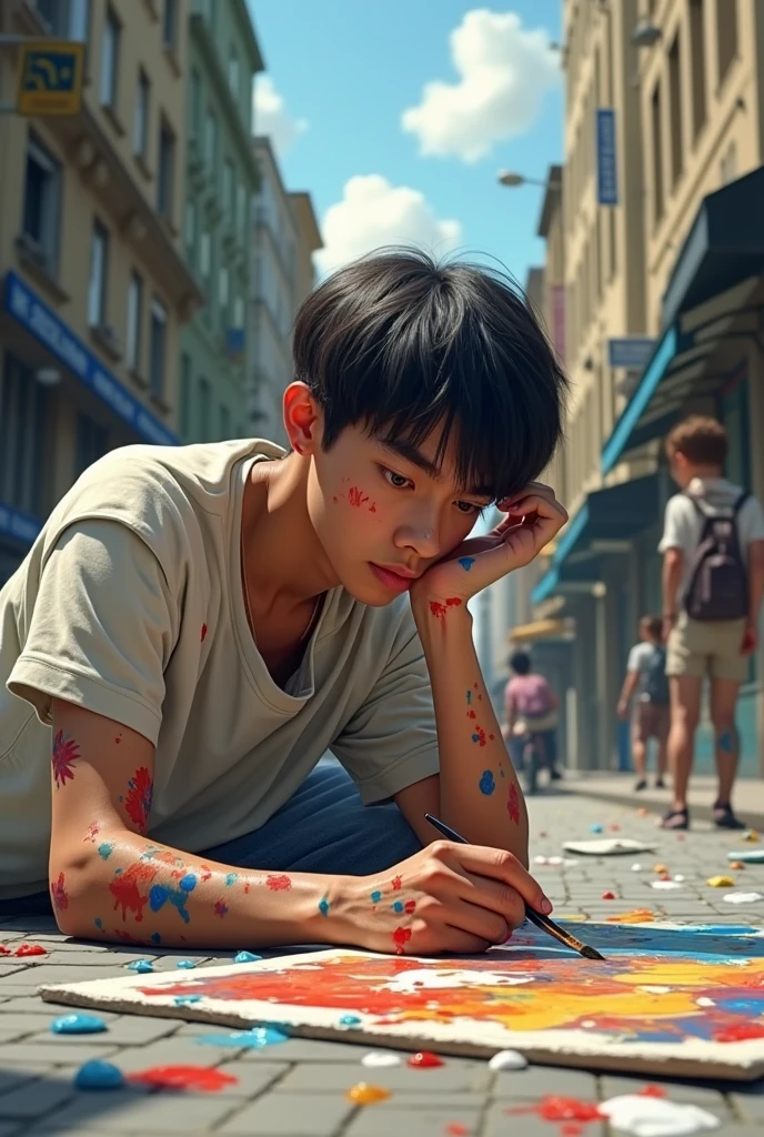 20 year old guy working lying on the floor on his side with one hand under his head and the other painting a curb, image of someone who sees him from the other side of the street, I don't want him looking at me and he has to be covered in paint, he is holding a 5 cm wide brush