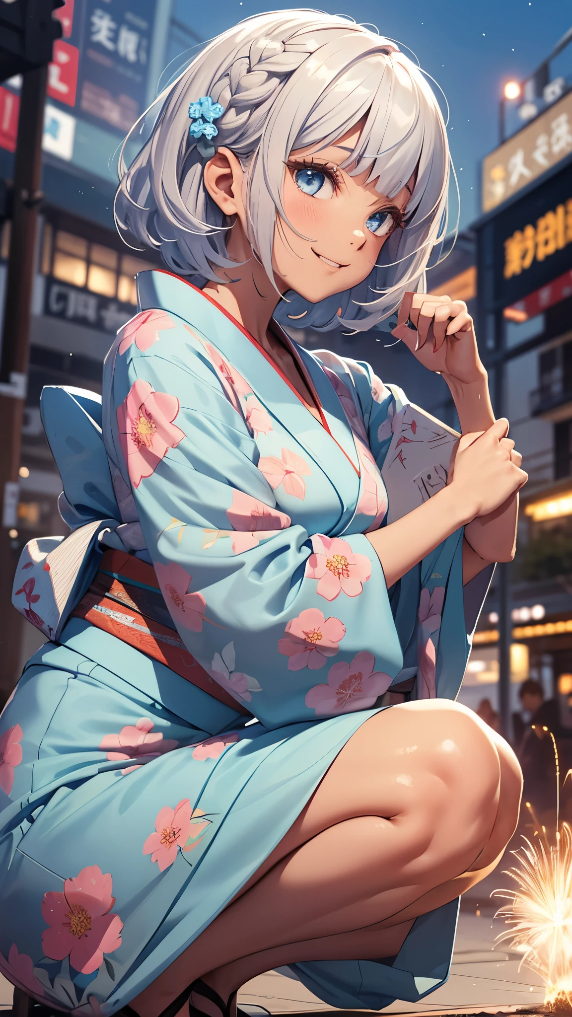 ((a woman holding a blank sign)), front view, from below, One Girl、独奏, Beautiful silver hair、((((Very short hair))))、Blue eyes、(French braids)、((Blunt bangs)), ((Medium Chest)), 24-years-old, (tsurime), Tight waist、happy smile、night、Fireworks display、Japanese Festivals、((Colorful light blue kimono))、Long flower hair ornament、squatting, ((panties))、Shallow depth of field