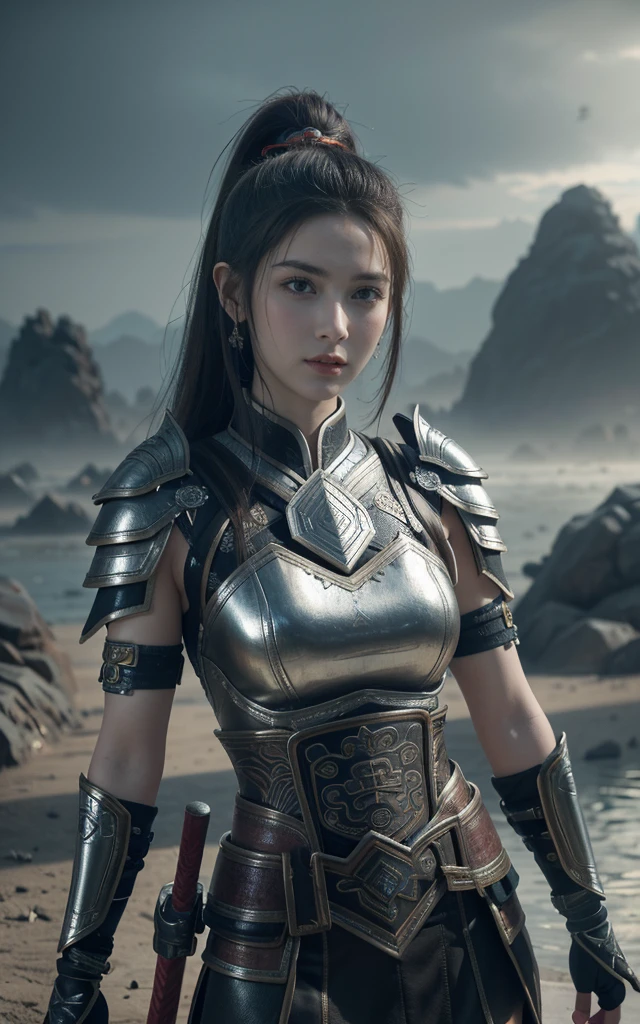Game Art,Best picture quality,Maximum resolution,8K,(A bust photo),(portrait),(Head close-up),(Rule of Thirds),Unreal Engine 5 rendering works, (Future Girl),(Female Warrior),
15-year-old girl,(Ancient Chinese general),Eyes full of details,(Large Breasts),Elegance and nobility,indifferent,brave,
(Wearing ancient Chinese style armor,Tang Dynasty armor,The costumes are rich in detail,Metallic luster,Silver gray),Chinese characters,Fantasy style,
Photo poses,Wild background,Movie Lighting,Ray Tracing,Game CG,((3D Unreal Engine)),OC rendering reflection mode