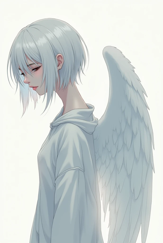 An illustration androgynous person Angel Wings Her skin is white and her lips are pale pink Clothing that doesn't reveal much skin Her hair is silver with some blue mesh Do not look forward when looking from the side I put a mask on my face