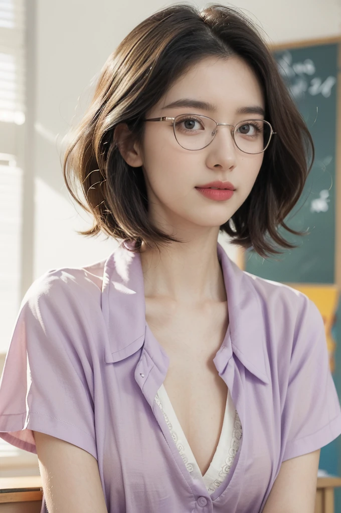 (((best quality))),(((ultra detailed))),(((masterpiece))),illustration,((1 beautiful young girl,female teacher,solo)),(shoulder-length wavy bob:1.3),(glasses:1.2),((slim,thin)),((small breasts,flat chest,bra)),(summer:1.3),(indoor:1.2),(in classroom:1.3),(light purple collared short-sleeved shirt:1.3),(open shirt:1.5),elegance, confidence, professional attire, fashionable, personal style, wall posters, maps, colorful, learning, organized, desks, chairs, whiteboard, important information, diagrams, bright eyes, focused, gentle smile, warmth, kindness, positivity, enthusiasm, inspiring, students, joy, intelligence, snapshot, dedication, grace,((from front,close-up of face))