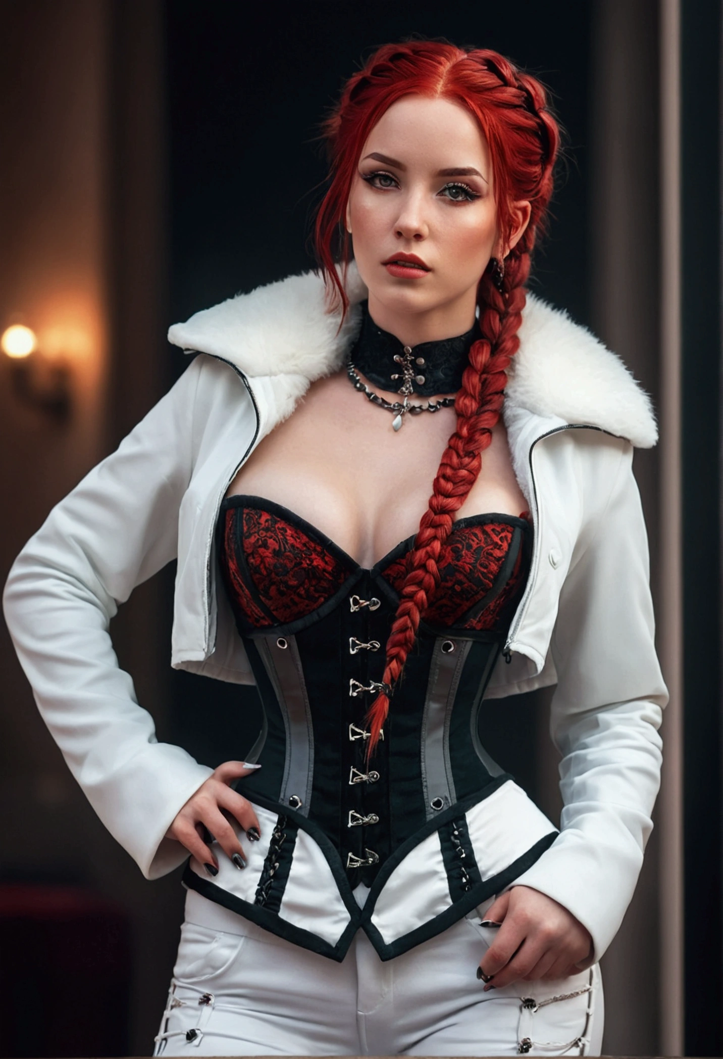1 girl, portrait of beautiful lobapex, athletic, White jacket, corset, Skirt, pants, black fur, Red hair, braids, make up, choker, neckline, Wide hips, volumetric lighting, Best Quality, masterpiece, intricate details, tone mapping, sharp focus, hyper detailed, trend in artstation, realist  