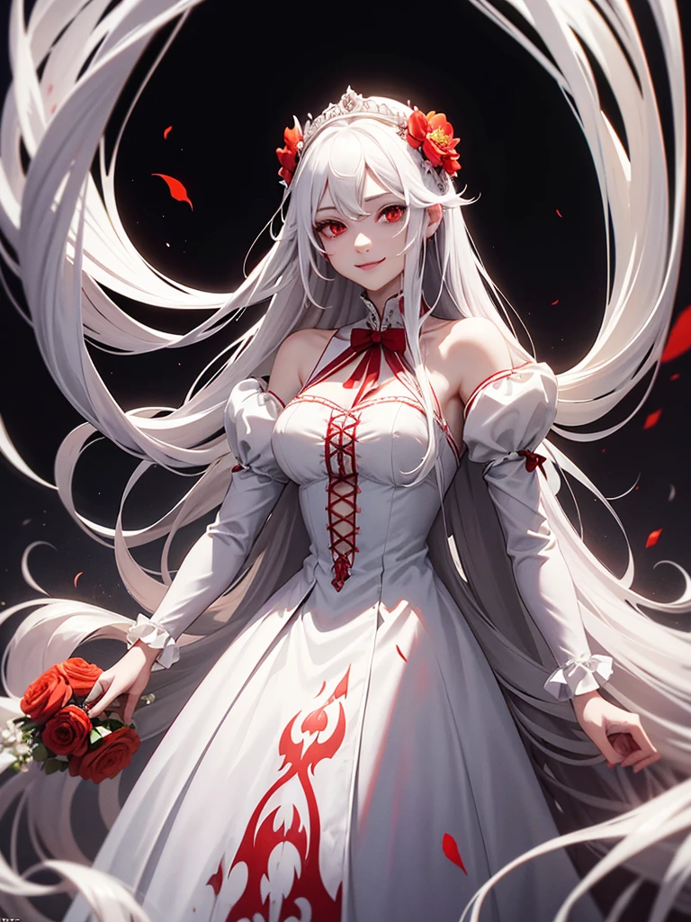 woman, red eyes, white long wavy hair, noble, like prince, sadistic smile, queen. her front hair is tied up. her. where dress like princess. she sadistic and cruel women. like a strong women. wearing flowers on her head. her white dress is stained with blood. halloween night. have blood on her dress