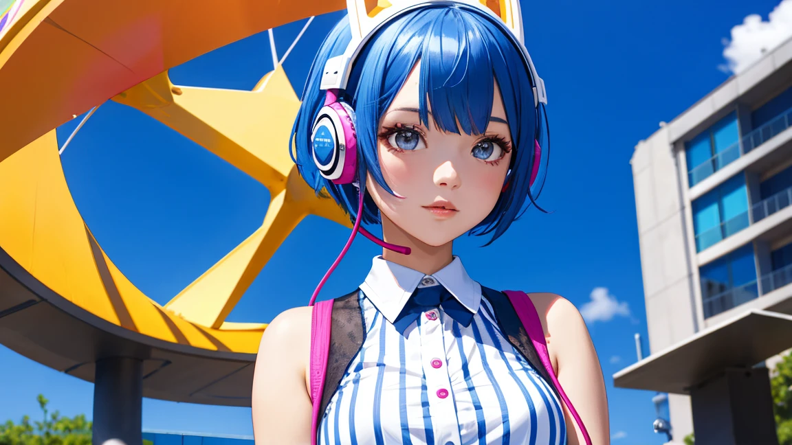 asterpiece, highest quality, Summer costumes, headphones, colorful hair, outdoor,Upper body,Shorthair girl