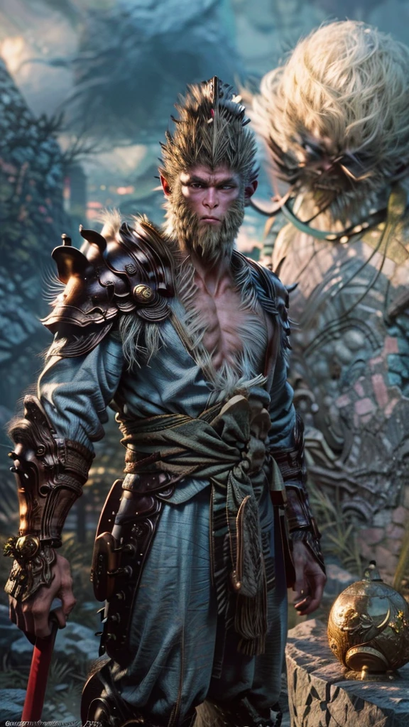 (masterpiece, The sacred image of Sun Wukong:1.4), wukong,(Charming illustration of the iconic image of the Monkey God:1.2), (Meticulous details highlight its magnificent momentum:1.2), (Created to commemorate mythical figures in Chinese folklore:1.2), (Sun Wukong wears a golden crown, Symbolizes his pious status:1.3), (His hairy muscles exude strength and majesty:1.3), (Dressed in scarlet and gold robes, Pay tribute to his legendary journey:1.1), (With a long stick, Rooted in the Land, The manifestation of power:1.3), (Located on top of a magnificent Chinese temple, Prove his divinity:1.1), (Complex Temple Architecture,Vivid red and gold tones:1.1), (The blue sky is in stark contrast:1.1), (The wind blew his fur and robes, Adding dynamic motion to your scene:1.1), (His eyes radiate wisdom and confidence:1.1), (The gold headdress sparkles in the sun, symbol of his celestial origin:1.1), (Capturing an otherworldly aura and depiction of a divine presence:1.1), (The color scheme enhances the cultural richness of the scene:1.1), (A depiction that pays homage to the legendary status and significance of God:1.1), (One of them made the audience marvel at the majestic image of Sun Wukong:1.1)), Movie, Ultra Detailed, Crazy details, Colorful, Unreal Engine, degree , Super Resolution, megapixel, Movie lightning, Anti-Aliasing, FKA, Thailand, Renesas Electronics, Assessment Office, Post-Processing, Post-production, Tone Mapping, .Program Gateway, Visual effects, sound effects, Extremely detailed and complex, Ultra-maximalism, 超照片Reality, volume, Reality, Surrealism, Extremely detailed, Intricate details, Very detailed, Rich colors, volume闪电, HDR, Practical, Unreal Engine, thousand, Clear focus, Octane Rendering