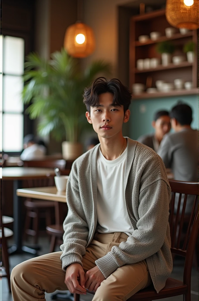 A 20 year old Vietnamese man wearing long pants, a T shirt and a sweater and a Korean hairstyle is sitting in a Vietnamese coffee shop and posing for the camera.