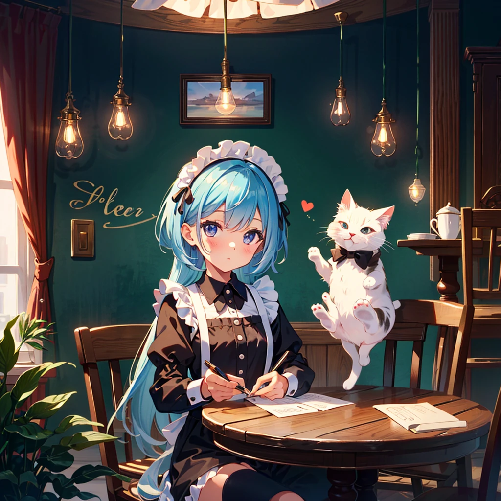 {{{Masterpiece, highest quality, high resolution background}}}, bright and beautiful atmosphere, 1 girl (, round face, baby face), small breasts, cat-eared maid girl, writing emojis on coffee, customer sitting on chair , a mini pig in a maid costume, "deltamon_sdXL :0.73) >Deltamon"