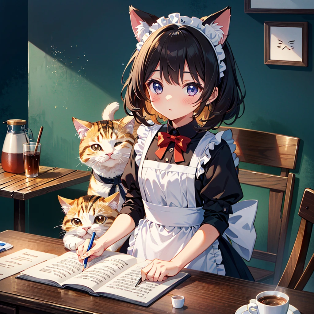 {{{Masterpiece, highest quality, high resolution background}}}, bright and beautiful atmosphere, 1 girl (7 , round face, baby facebreasts, cat-eared maid girl, writing emojis on coffee, customer sitting on chair , a mini pig in a maid costume, "deltamon_sdXL :0.73) >Deltamon"