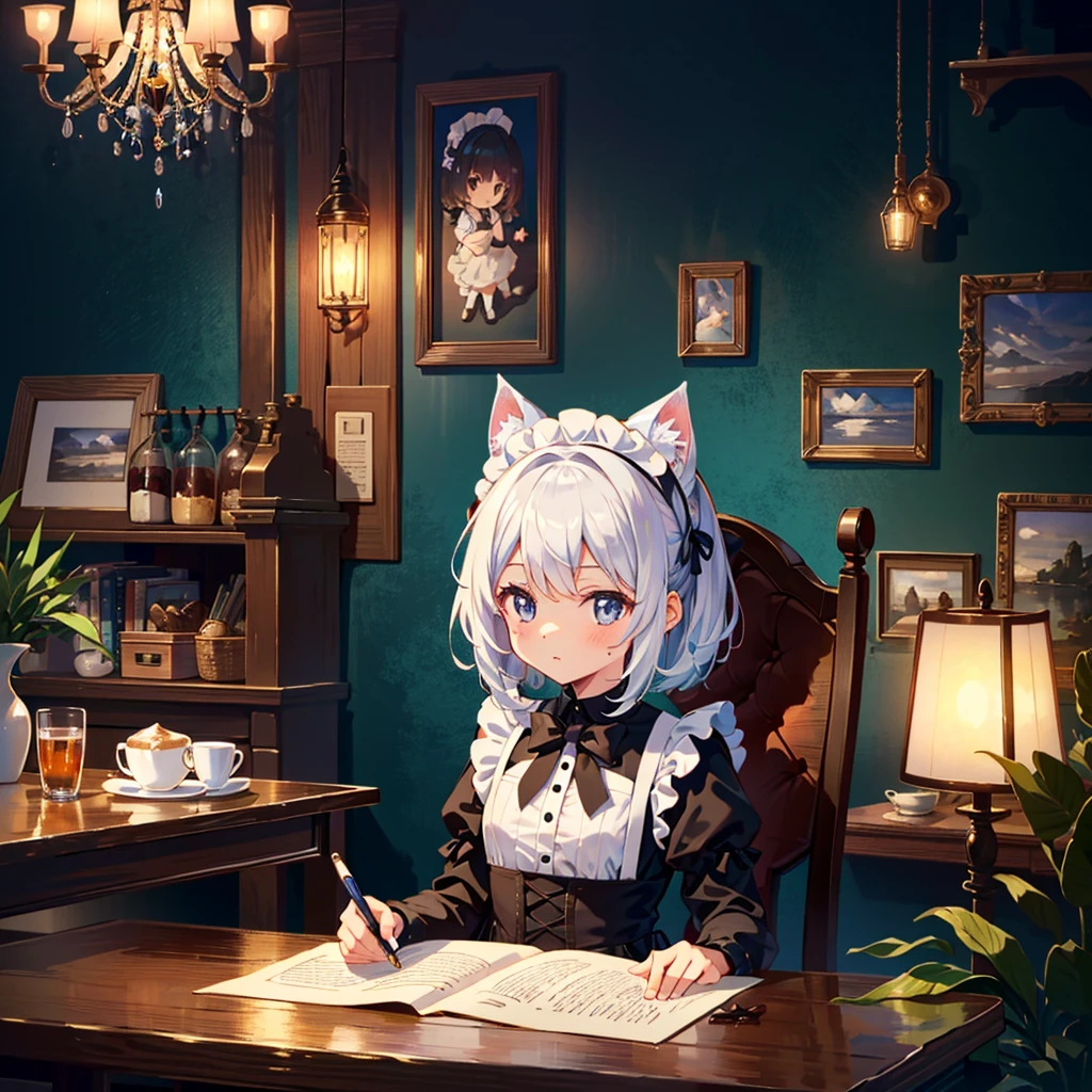 {{{Masterpiece, highest quality, high resolution background}}}, bright and beautiful atmosphere, 1 girl (7 , round face, baby facebreasts, cat-eared maid girl, writing emojis on coffee, customer sitting on chair , a mini pig in a maid costume, "deltamon_sdXL :0.73) >Deltamon"