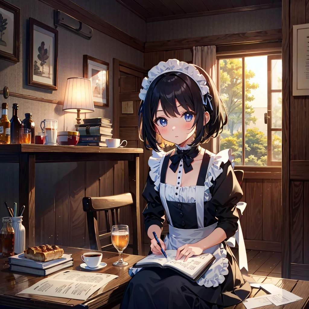 {{{Masterpiece, highest quality, high resolution background}}}, bright and beautiful atmosphere, 1 girl (7 years old, round face, baby face), small breasts, cat-eared maid girl, writing emojis on coffee, customer sitting on chair , a mini pig in a maid costume, "deltamon_sdXL :0.73) >Deltamon"