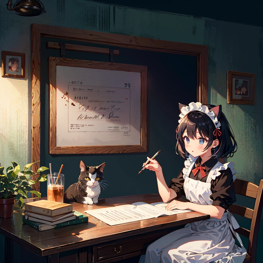 {{{Masterpiece, highest quality, high resolution background}}}, bright and beautiful atmosphere, 1 girl (7 , round face, baby facebreasts, cat-eared maid girl, writing emojis on coffee, customer sitting on chair , a mini pig in a maid costume, "deltamon_sdXL :0.73) >Deltamon"