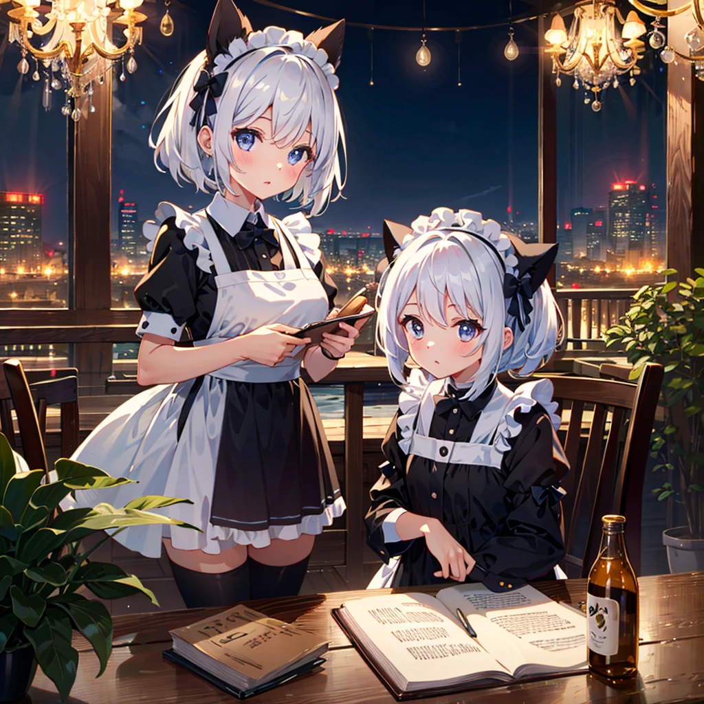 {{{Masterpiece, highest quality, high resolution background}}}, bright and beautiful atmosphere, 1 girl (7 years old, round face, baby face), small breasts, cat-eared maid girl, writing emojis on coffee, customer sitting on chair , a mini pig in a maid costume, "deltamon_sdXL :0.73) >Deltamon"