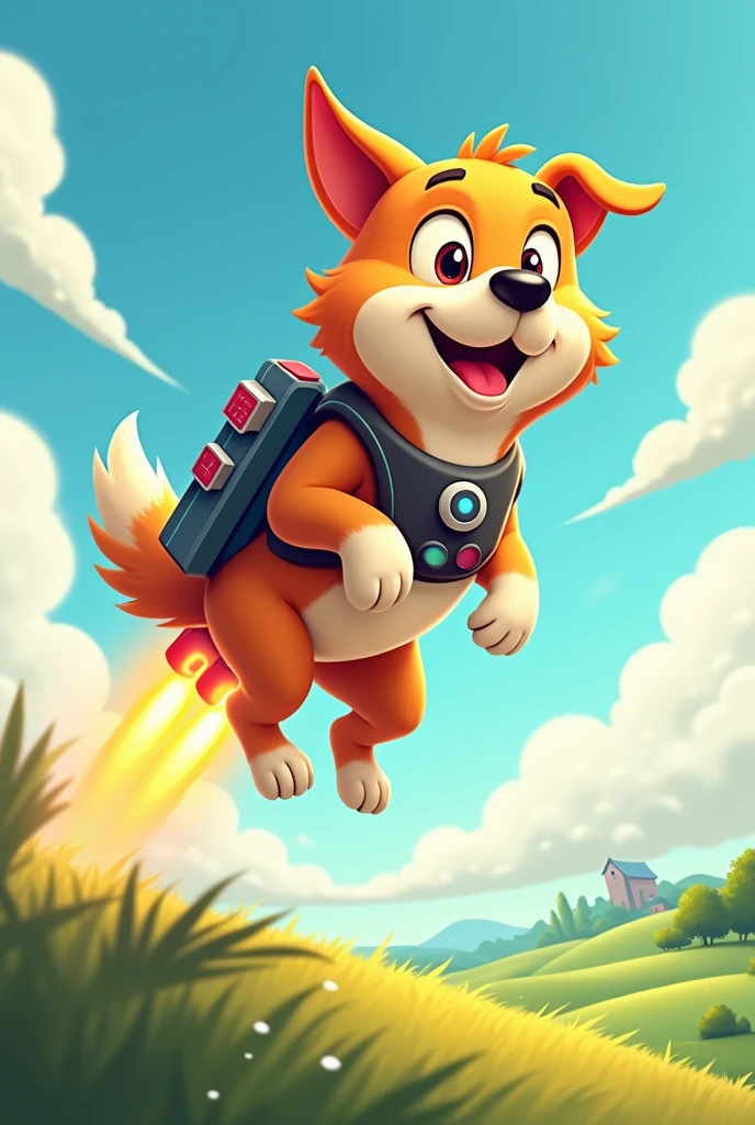 dog+Back-mounted jet, flying, cartoon, standing
