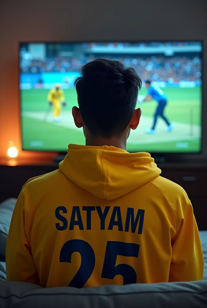 A young men watching India cricket match in television Ms dhoni , wearing yellow Colour hodie with name satyam and jearsy no 25 with face