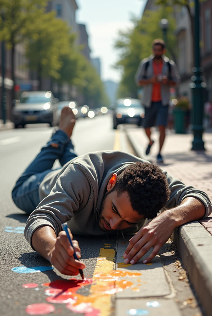 20 year old guy working lying on the floor on his side with one hand under his head and the other painting a curb, image of someone who sees him from the other side of the street, I don&#39;t want him looking at me and he has to be covered in paint, he is holding a 5 cm wide brush