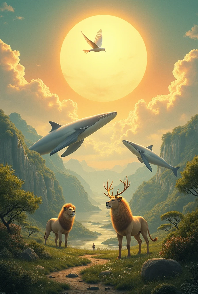 Never ending world peace People-to-people connections Whales Lion Deer Sun Flower White Dove olive