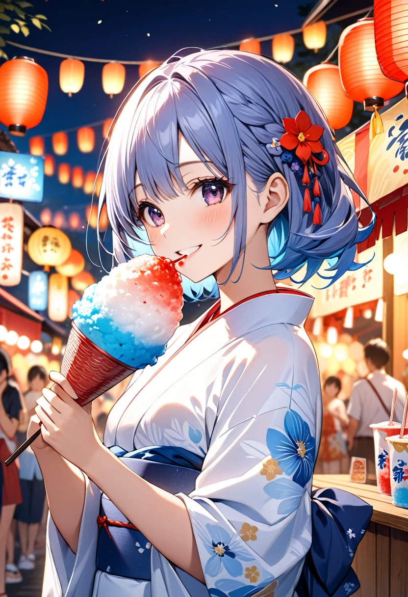 (frontale pov, Stretching out sexy tongue, sexy kiss and Lick:1.2 a popsicle) (solo:2, 15 yo forehead blue hair long hair lovely girl, cute blue eyes, love smile), (in a cute yukata), break, (in the night Japanese festival venue), BREAK, perfect anatomy, masterpiece, best quality, 16k, beautiful detailed hot, daydreaming expression.