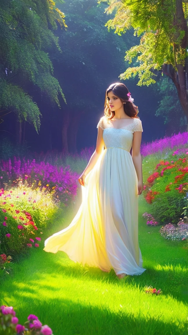 A girl in a garden,illustrated,oil painting,(best quality,4k,8k,highres,masterpiece:1.2),ultra-detailed,(realistic,photorealistic,photo-realistic:1.37),vibrant colors,beautiful detailed eyes,beautiful detailed lips,long eyelashes,flowing dress,peaceful expression,fragrant flowers,butterflies dancing in the air,soft sunlight filtering through the trees,sun-dappled grass,serene atmosphere