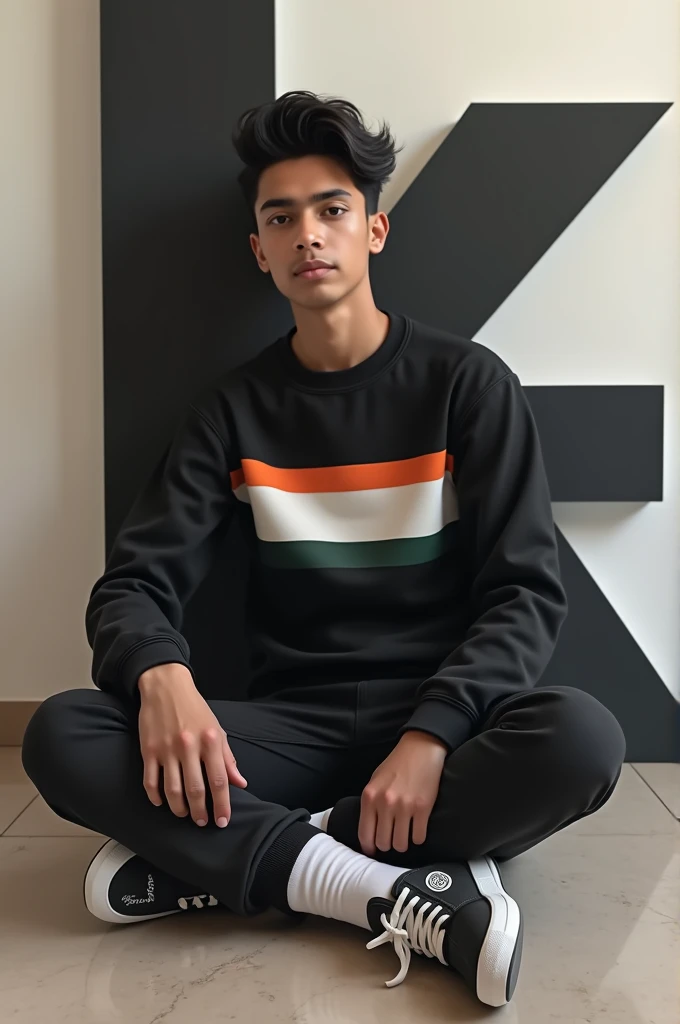 The real Indian 16-year-old boy with black hair is wearing a casual outfit including a black tricolor sweatshirt, jogger pants and sneakers. The man is leaning on a large bright tricolor letter ‘Akhlesh’, which is black with white accents. The overall color scheme is minimal, focusing on the colors of the tricolor. The scene has a modern and clean aesthetic, with soft darks and subtle shadows.”