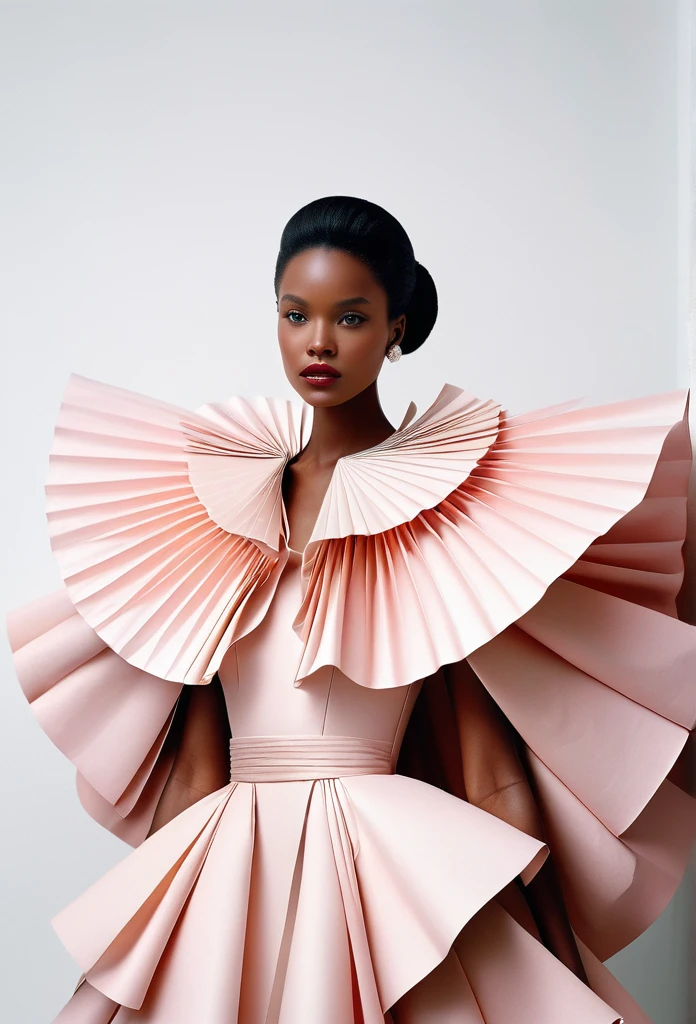 A model wears an outfit made of large paper fans, which is in the shape of a shawl or cape and is draped over her shoulders like ruffles on evening dresses. The dress has no sleeves and forms with its folded paper effect a beautiful shoulder skin that falls into its opening. It stands in front of a white wall. in the style of JeanPaul Goude, in the style of Tim Walker, hyperrealistic photography, magic realism style, pastel colors, fashion magazine cover photo.