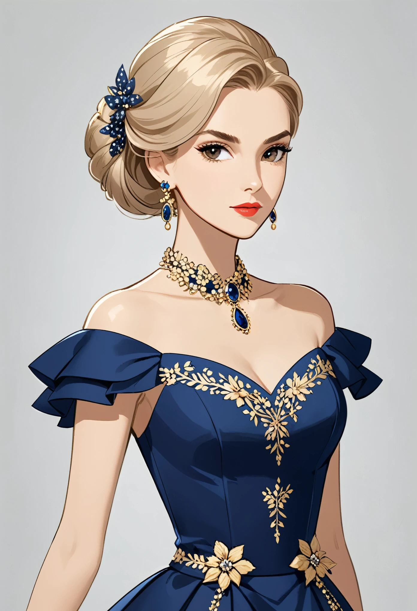 in style of Carolina Herrera
1 girl,character concept design,half body